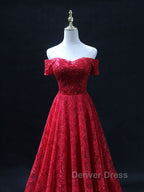 Burgundy A Line lace tulle beads long prom Dress, burgundy bridesmaid Dresses