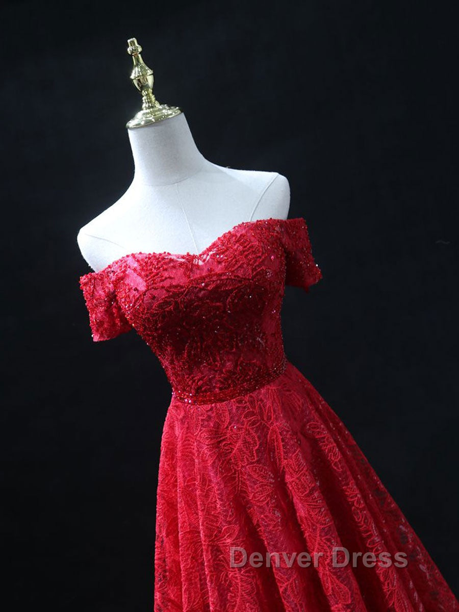 Burgundy A Line lace tulle beads long prom Dress, burgundy bridesmaid Dresses