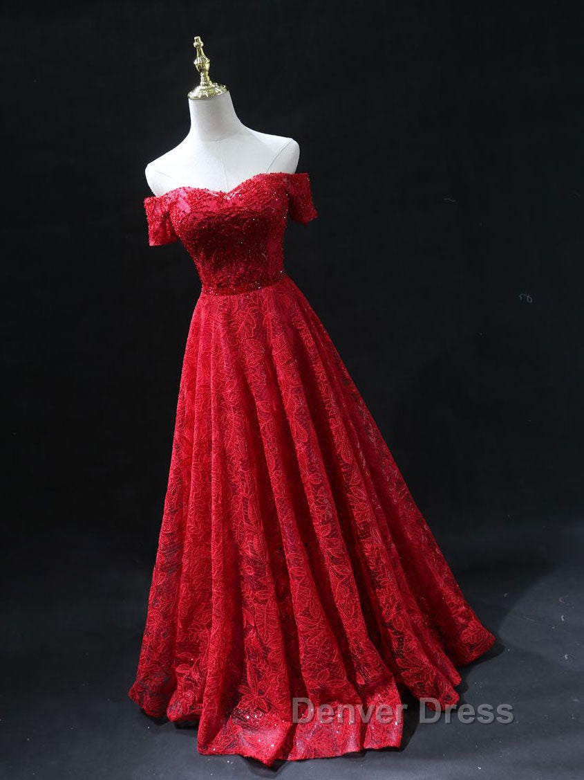 Burgundy A Line lace tulle beads long prom Dress, burgundy bridesmaid Dresses