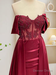 Burgundy A-Line Off Shoulder Satin Lace Long Prom Dress, Burgundy Long Formal Dress