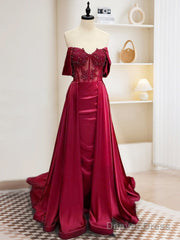 Burgundy A-Line Off Shoulder Satin Lace Long Prom Dress, Burgundy Long Formal Dress