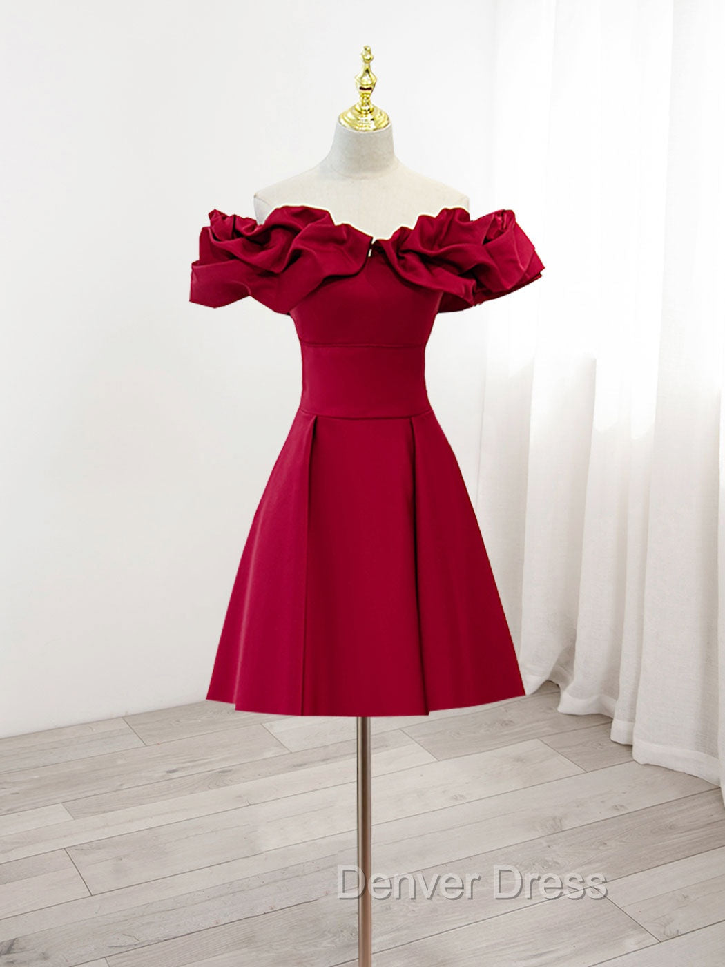 Burgundy A-Line Off Shoulder Satin  Short Prom Dresses, Burgundy Homecoming Dresses Main image