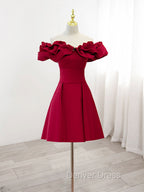Burgundy A Line Off Shoulder Satin Short Prom Dress, Burgundy Homecoming Dresses