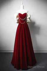 Burgundy A-Line Off Shoulder Velvet Lace Long Prom Dress, Burgundy Long Formal Dress