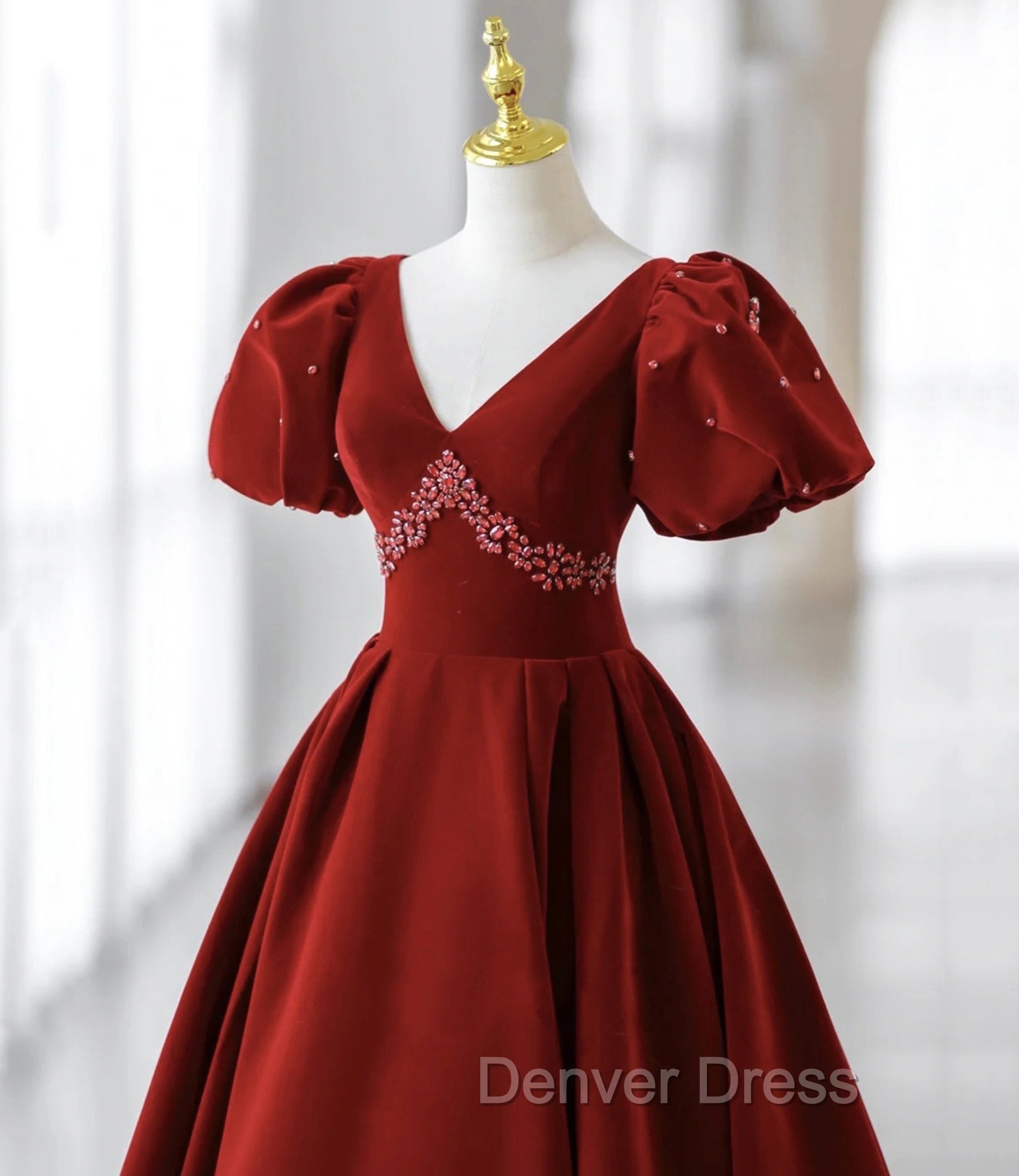 Burgundy A Line Puff Sleeves Velvet Long Prom Dress Secondary image