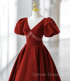 Burgundy A Line Puff Sleeves Velvet Long Prom Dress