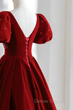 Burgundy A Line Puff Sleeves Velvet Long Prom Dress