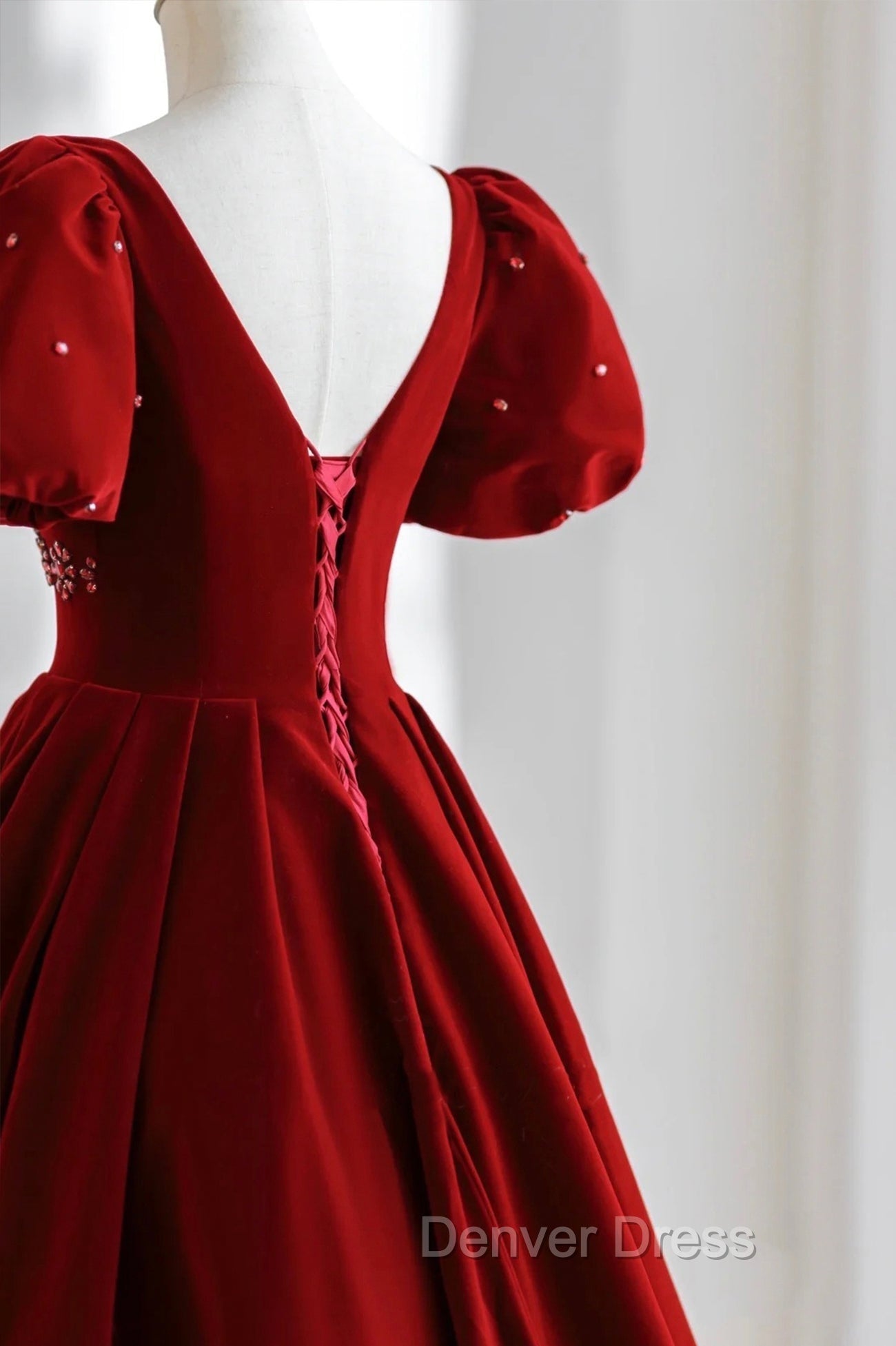 Burgundy A Line Puff Sleeves Velvet Long Prom Dress