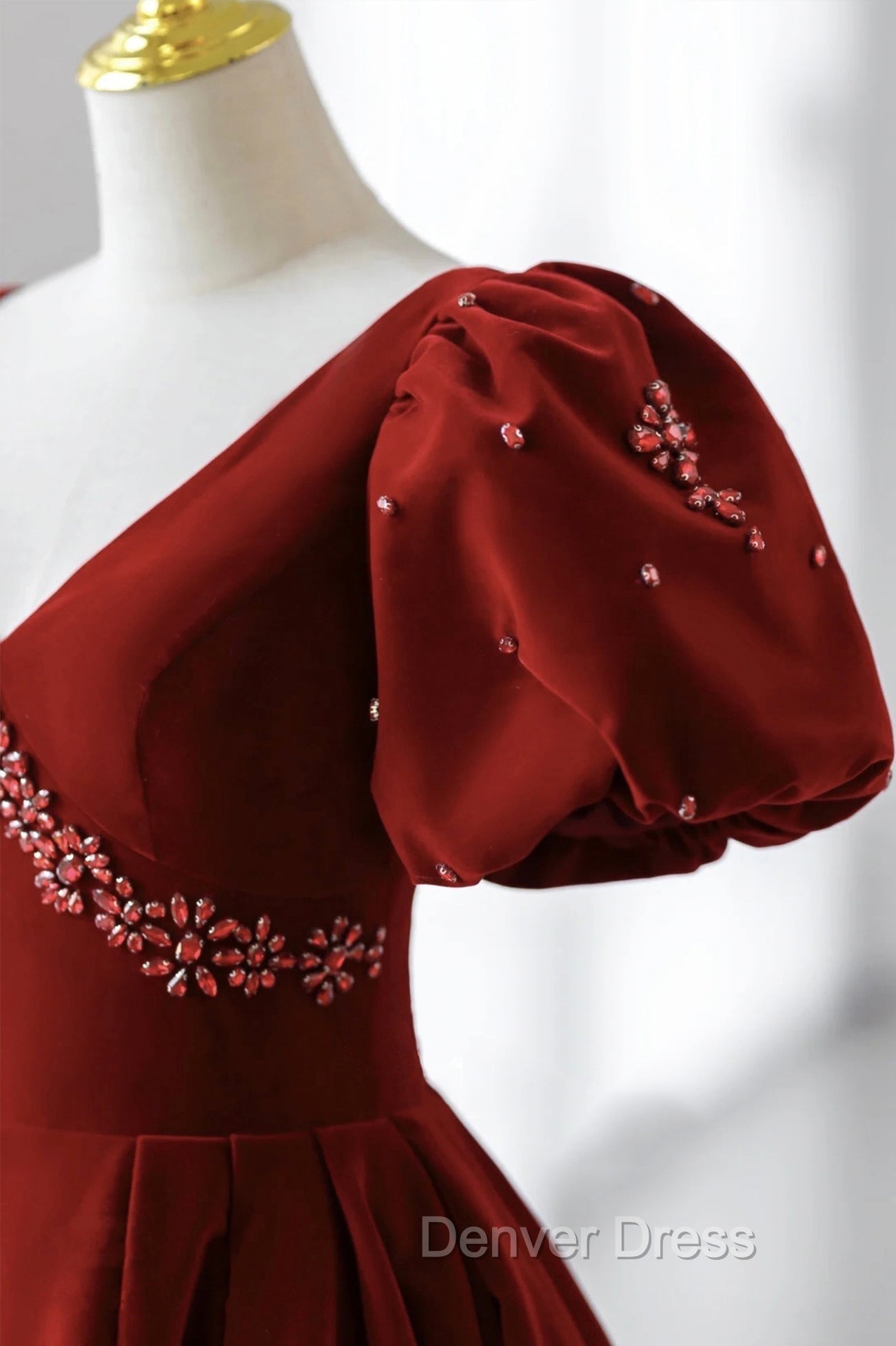 Burgundy A Line Puff Sleeves Velvet Long Prom Dress