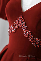 Burgundy A Line Puff Sleeves Velvet Long Prom Dress