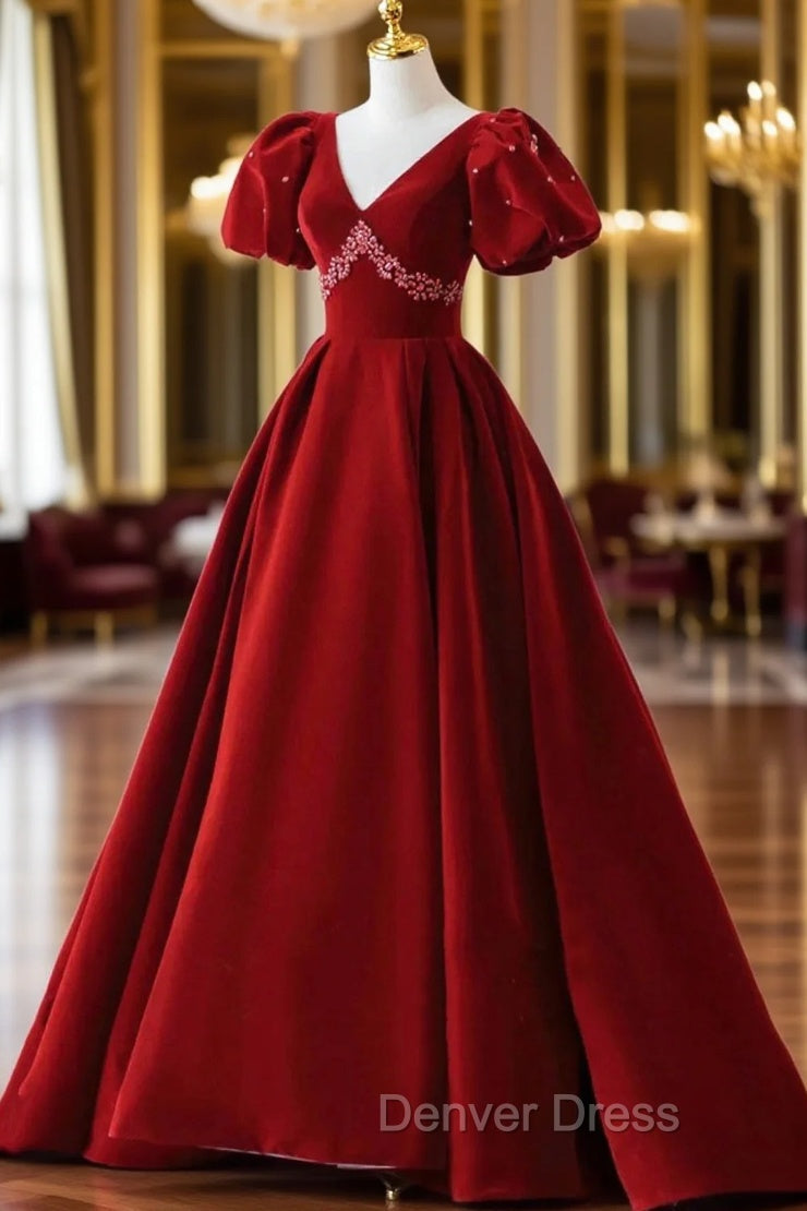 Burgundy A Line Puff Sleeves Velvet Long Prom Dress Main image