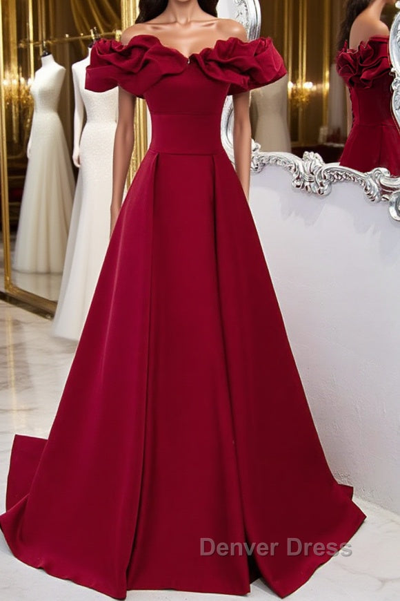 Burgundy A Line Satin Long Prom Dress, Burgundy Prom Dresses