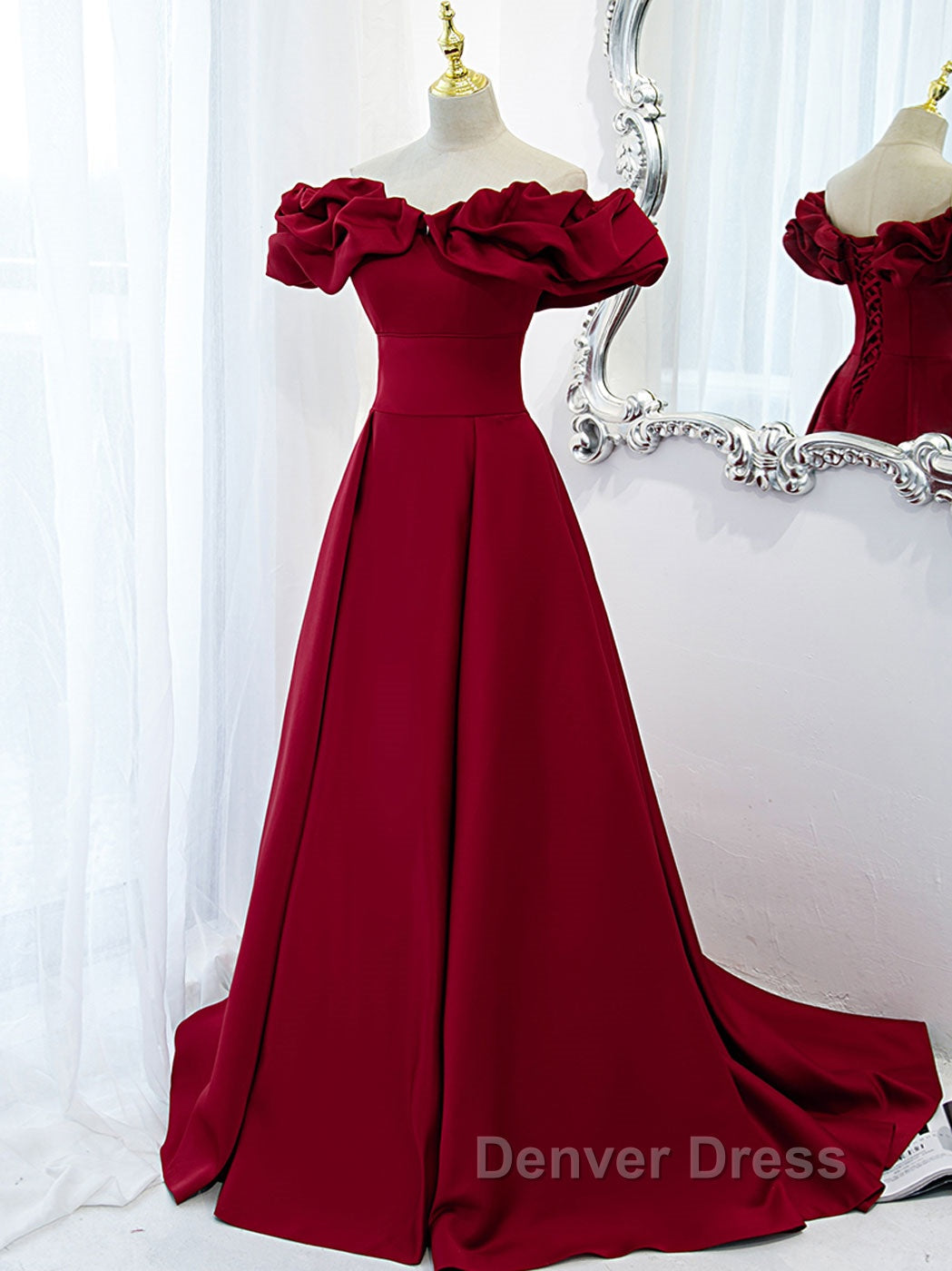 Burgundy A Line Satin Long Prom Dress, Burgundy Prom Dresses