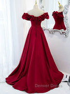 Burgundy A Line Satin Long Prom Dress, Burgundy Prom Dresses