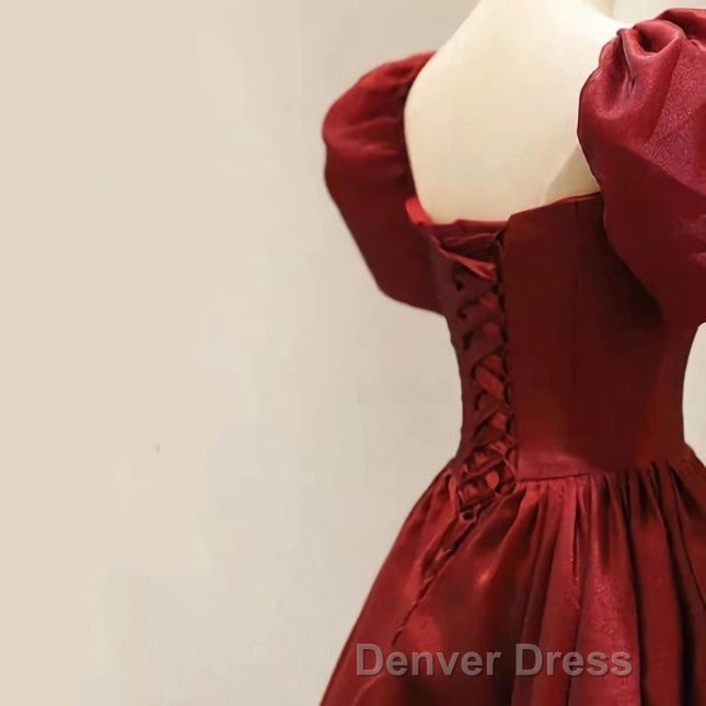 Burgundy A Line Satin Vintage Women Dress Long Prom Dresses