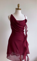 Burgundy A Line Spaghetti Strap Floral Chiffon Short Prom Dress Homecoming Dresses Outfits