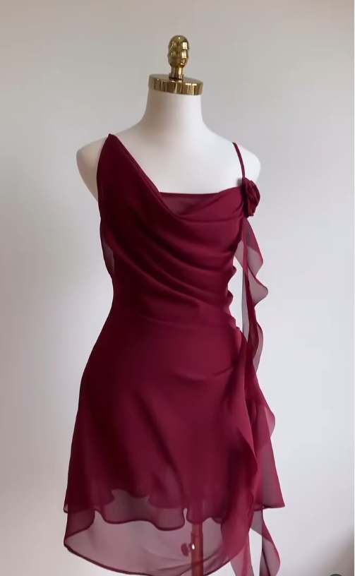 Burgundy A Line Spaghetti Strap Floral Chiffon Short Prom Dress Homecoming Dresses Outfits