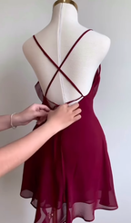 Burgundy A Line Spaghetti Strap Floral Chiffon Short Prom Dress Homecoming Dresses Outfits
