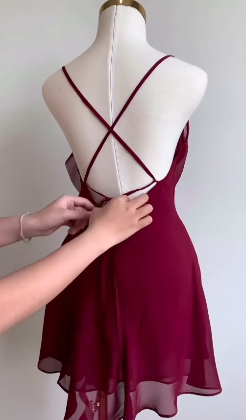 Burgundy A Line Spaghetti Strap Floral Chiffon Short Prom Dress Homecoming Dresses Outfits