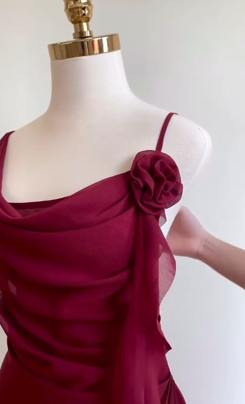 Burgundy A Line Spaghetti Strap Floral Chiffon Short Prom Dress Homecoming Dresses Outfits