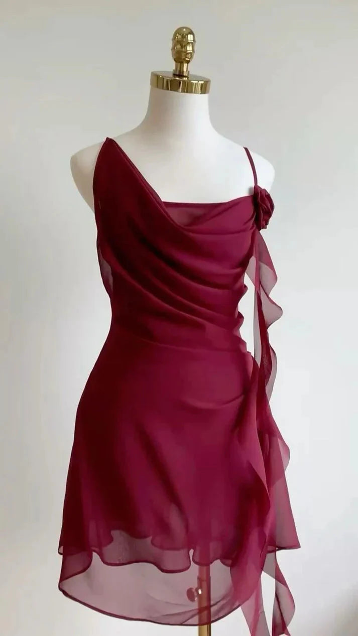 Burgundy A Line Spaghetti Strap Floral Chiffon Short Prom Dress Homecoming Dresses Outfits Main image