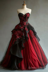 Burgundy A-Line Sweetheart Neck Tulle Applique Long Prom Dress Vintage Evening Gown