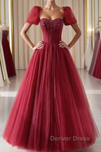 Burgundy A Line tulle beads long prom Dress burgundy Prom Dresses