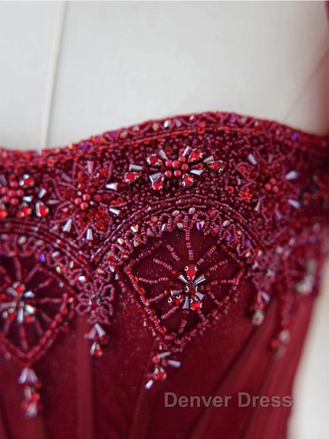 Burgundy A Line tulle beads long prom Dress burgundy Prom Dresses