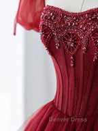 Burgundy A Line tulle beads long prom Dress burgundy Prom Dresses