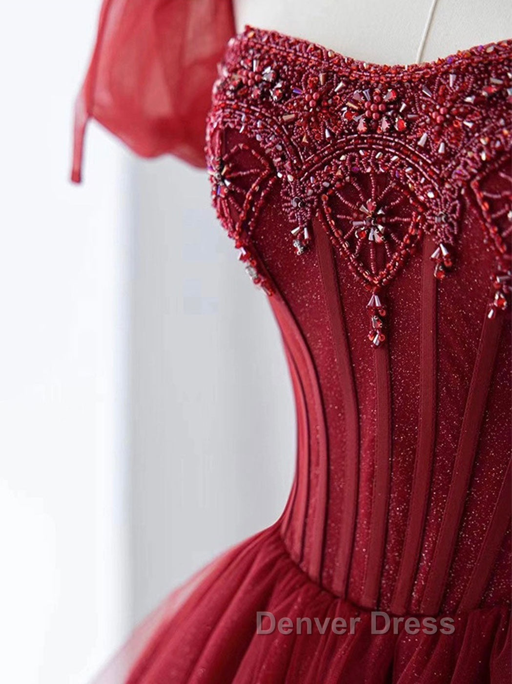 Burgundy A Line tulle beads long prom Dress burgundy Prom Dresses