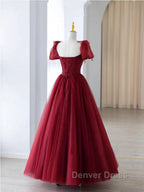 Burgundy A Line tulle beads long prom Dress burgundy Prom Dresses