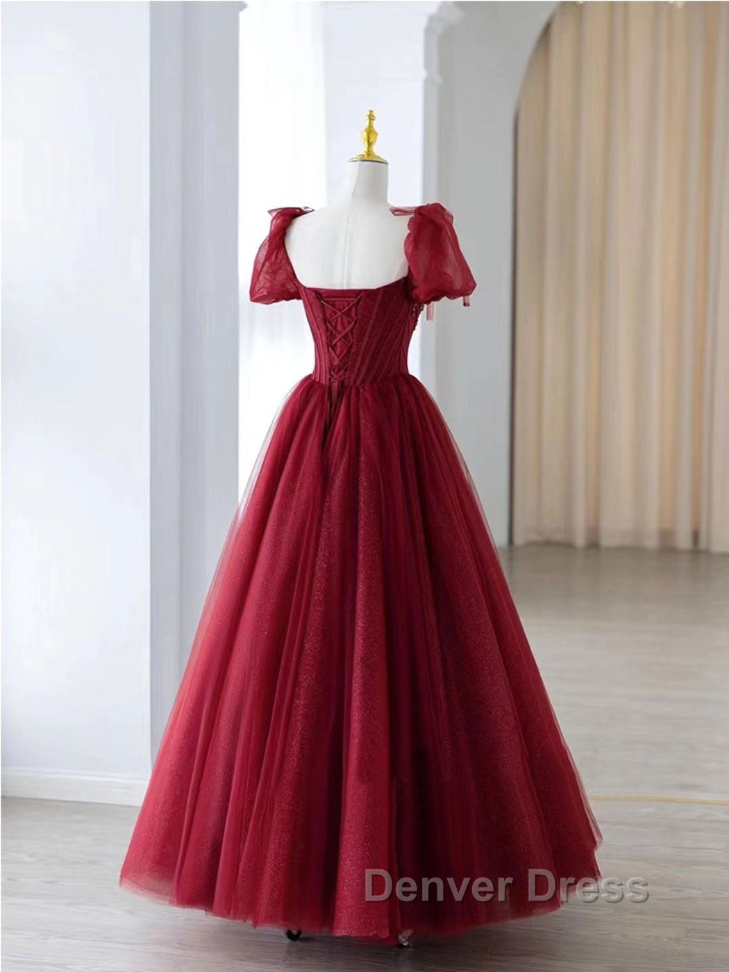 Burgundy A Line tulle beads long prom Dress burgundy Prom Dresses