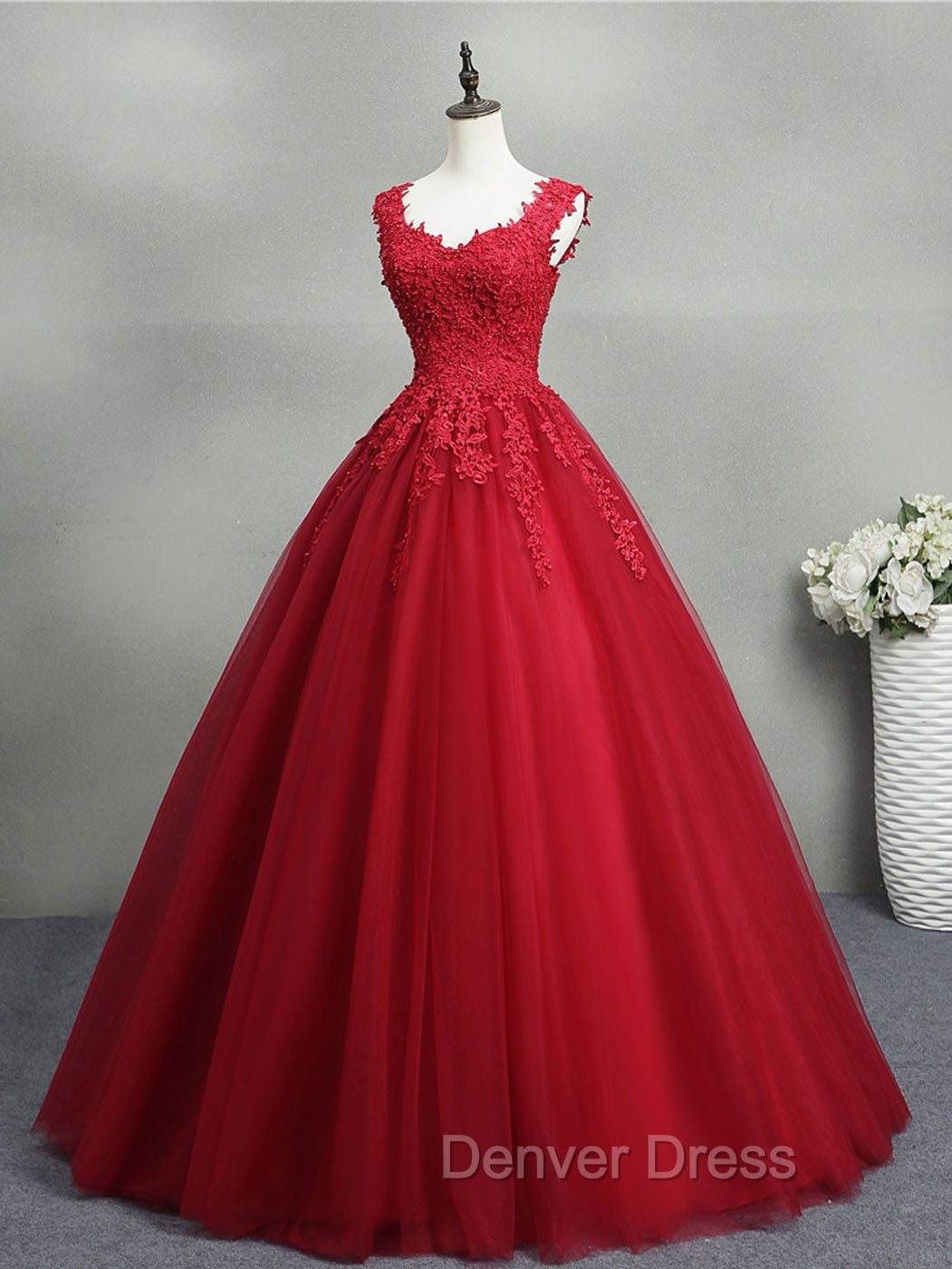 Burgundy A Line Tulle Lace Long Prom Dress, Burgundy Prom Dresses