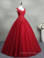 Burgundy A Line Tulle Lace Long Prom Dress, Burgundy Prom Dresses