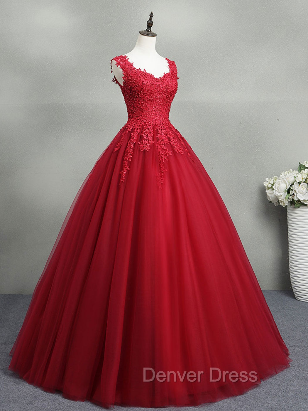 Burgundy A Line Tulle Lace Long Prom Dress, Burgundy Prom Dresses