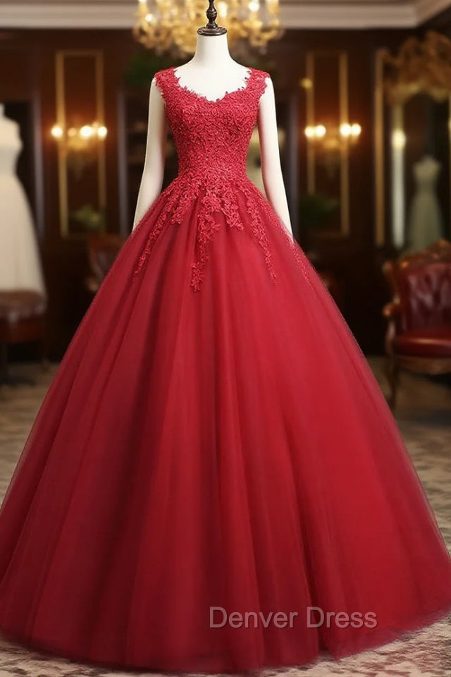 Burgundy A Line Tulle Lace Long Prom Dress, Burgundy Prom Dresses