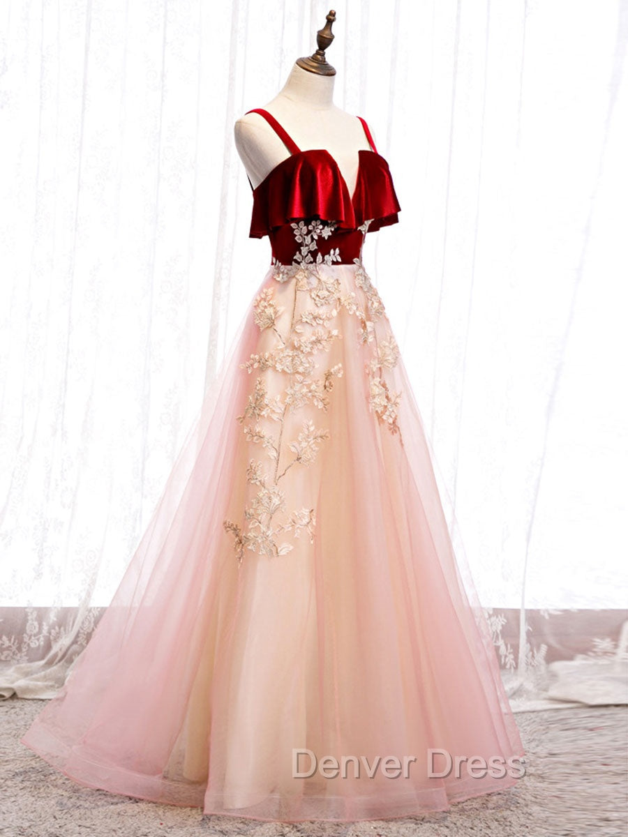 Burgundy A-line Tulle Lace Long Prom Dresses Tulle Formal Dresses Secondary image