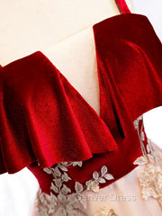 Burgundy A-line Tulle Lace Long Prom Dresses Tulle Formal Dresses