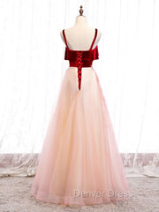 Burgundy A-line Tulle Lace Long Prom Dresses Tulle Formal Dresses