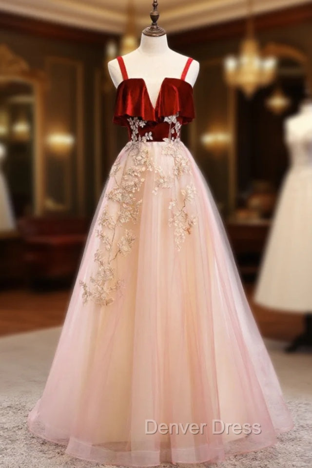 Burgundy A-line Tulle Lace Long Prom Dresses Tulle Formal Dresses Main image