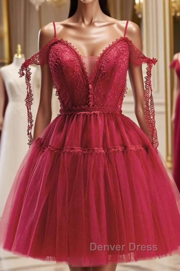 Burgundy A Line Tulle Lace Short Prom Dress, Burgundy Homecoming Dresses