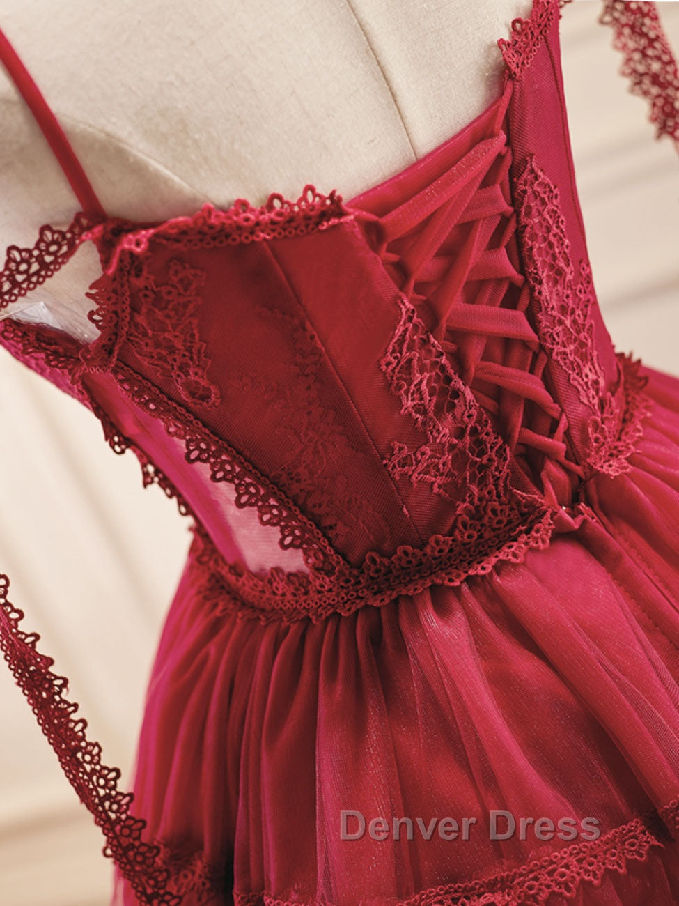 Burgundy A Line Tulle Lace Short Prom Dress, Burgundy Homecoming Dresses