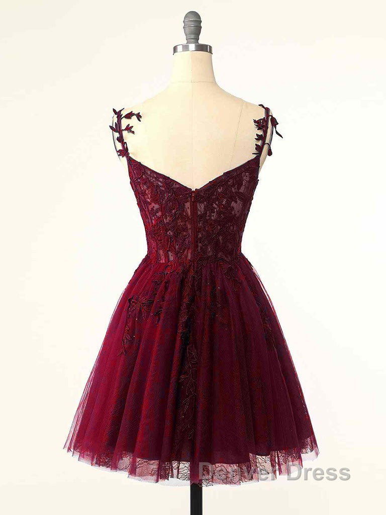 Burgundy A-Line Tulle Lace Short Prom Dresses, Cute Burgundy Homecoming Dresses