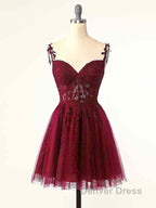 Burgundy A-Line Tulle Lace Short Prom Dresses, Cute Burgundy Homecoming Dresses