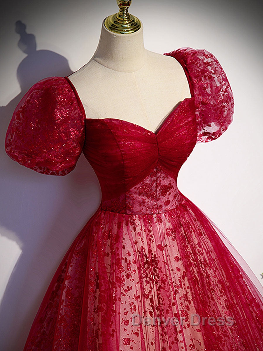 Burgundy A Line tulle long prom Dress burgundy Prom Dresses