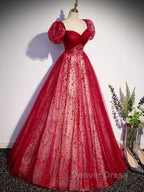 Burgundy A Line tulle long prom Dress burgundy Prom Dresses
