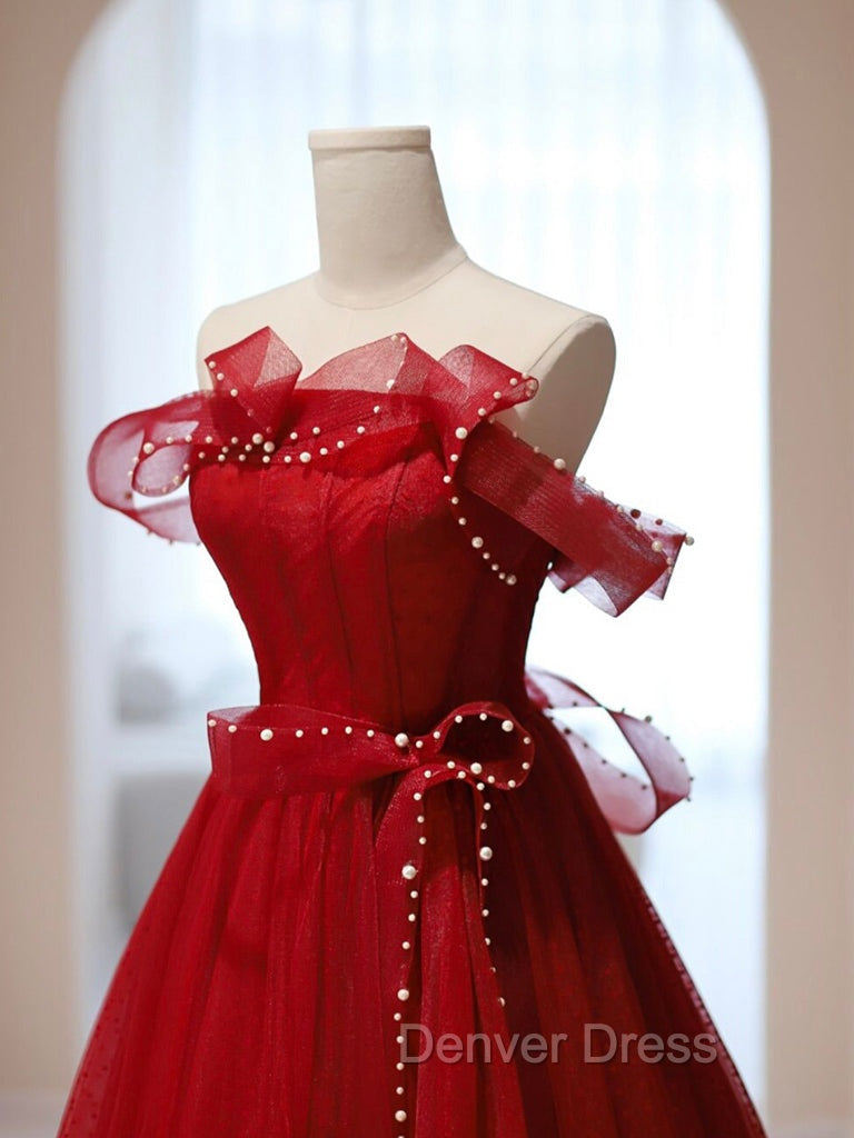 Burgundy A Line Tulle Long Prom Dress, Burgundy Tulle Prom Dresses