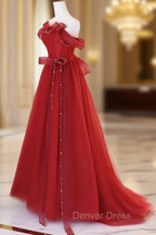 Burgundy A Line Tulle Long Prom Dress, Burgundy Tulle Prom Dresses
