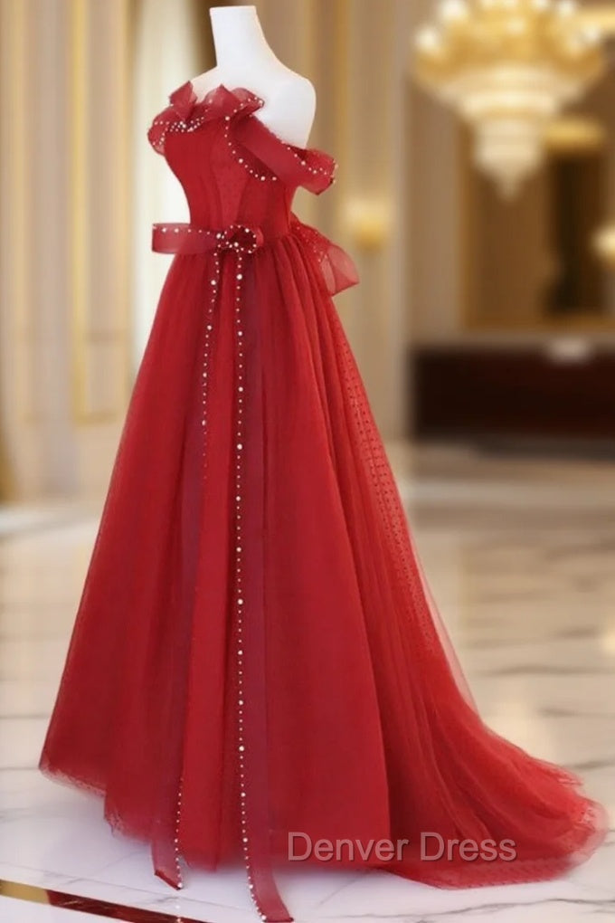 Burgundy A Line Tulle Long Prom Dress, Burgundy Tulle Prom Dresses