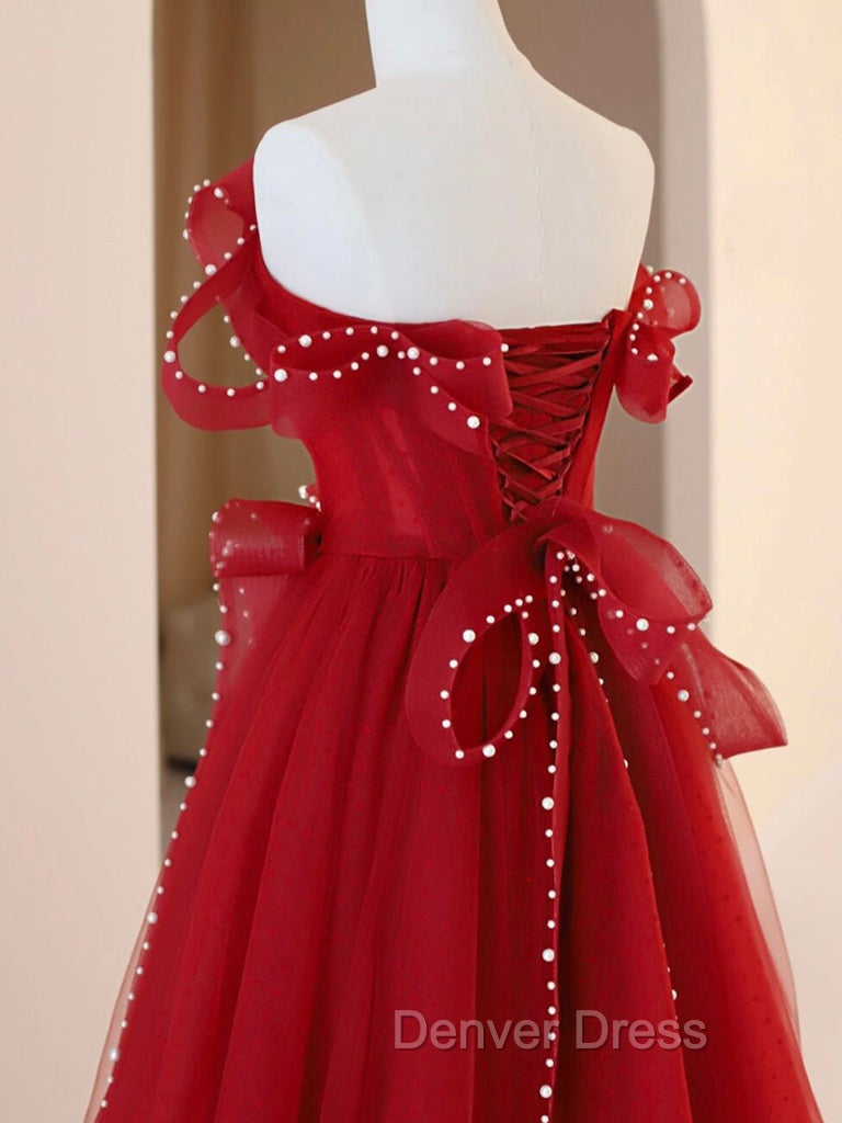 Burgundy A Line Tulle Long Prom Dress, Burgundy Tulle Prom Dresses